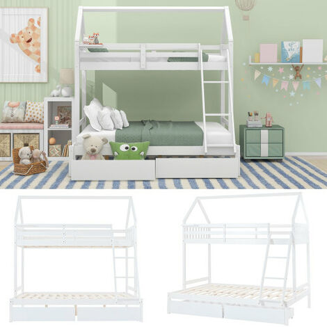 Triple Bunk Bed with Ladder, Three Sleeper, 3FT Single, 4FT6 Double, with drawers and a shelf, Solid Pine Wood Frame, Kids Children, White (90x190cm, 135x190cm)