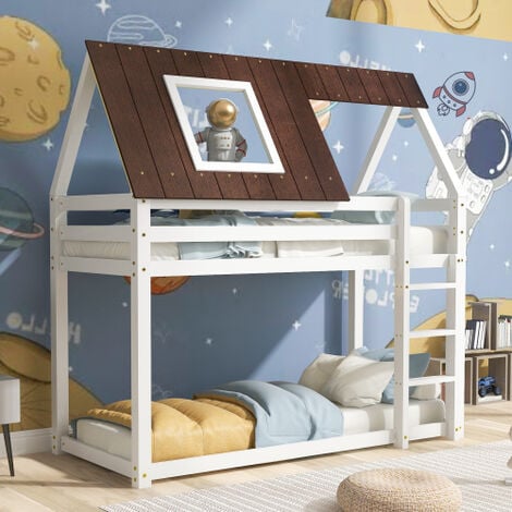 Bunk Bed with 3-step-ladder, Kids Children, House Bed, 3FT Solid Pine Wood Single Bed Frame, with Fall Protection and Fences, brown MDF Roof, white Bed (90x190cm)