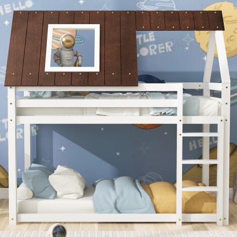 Bunk Bed with 3-step-ladder, Kids Children, House Bed, 3FT Solid Pine Wood Single Bed Frame, with Fall Protection and Fences, brown MDF Roof, white Bed (90x190cm)