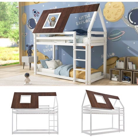 Bunk Bed with 3-step-ladder, Kids Children, House Bed, 3FT Solid Pine Wood Single Bed Frame, with Fall Protection and Fences, brown MDF Roof, white Bed (90x190cm)