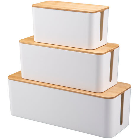 Set of 3 Cable Management Box with Bamboo Lid, White Wire Core Cable Tidy Box Conceal and Hide Cable Wire Extension Organizer Box for Home, Office  Size for Large, Medium, Small