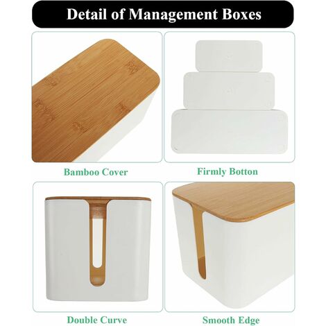 Set of 3 Cable Management Box with Bamboo Lid, White Wire Core Cable Tidy Box Conceal and Hide Cable Wire Extension Organizer Box for Home, Office  Size for Large, Medium, Small