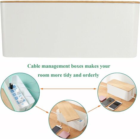 Set of 3 Cable Management Box with Bamboo Lid, White Wire Core Cable Tidy Box Conceal and Hide Cable Wire Extension Organizer Box for Home, Office  Size for Large, Medium, Small