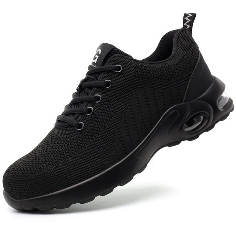 Safety Trainers Men Women Lightweight Air Cushion Steel Toe Cap Trainers Safety Shoes Breathable Industrial Work Trainers，Black-40