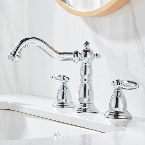 Bathroom Sink Tap Gold Chrome Solid Brass Bathroom Basin Faucet Mixer Tap, Antique Brass Kitchen Sink Faucet, Dual Handles 3Pcs Bathtub Faucet Basin Taps-Silver (1/3)