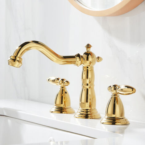 Bathroom Sink Tap Gold Chrome Solid Brass Bathroom Basin Faucet Mixer Tap, Antique Brass Kitchen Sink Faucet, Dual Handles 3Pcs Bathtub Faucet Basin Taps-Gold (1/3)
