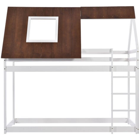 Bunk Bed with 3-step-ladder, Kids Children, House Bed, 3FT Solid Pine Wood Single Bed Frame, with Fall Protection and Fences, brown MDF Roof, white Bed (90x190cm)