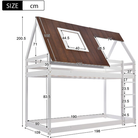 Bunk Bed with 3-step-ladder, Kids Children, House Bed, 3FT Solid Pine Wood Single Bed Frame, with Fall Protection and Fences, brown MDF Roof, white Bed (90x190cm)