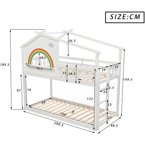 with Ladder, House Bed, Bunk Bed for Kids, Teenagers (White, 190x90cm)