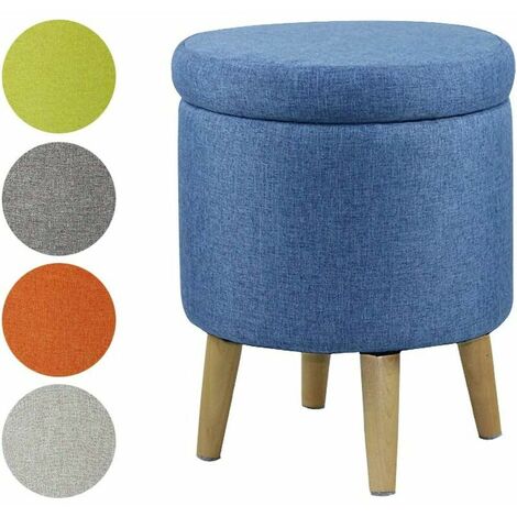 Round Storage Ottoman with Legs, Large Cotton Linen Footstool with Removable Cover, Tufted Footstool for Coffee Table for Living Room, Home, Blue, 17.7x14.5x14.5 (1/5)