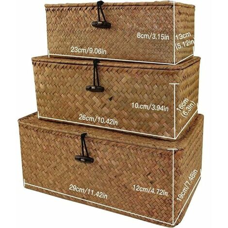 Wicker Storage Basket Woven Rattan Storage Box With Lids Seagrass Laundry Baskets Makeup Organizer For Bathroom, Living Room, Kitchen (S)