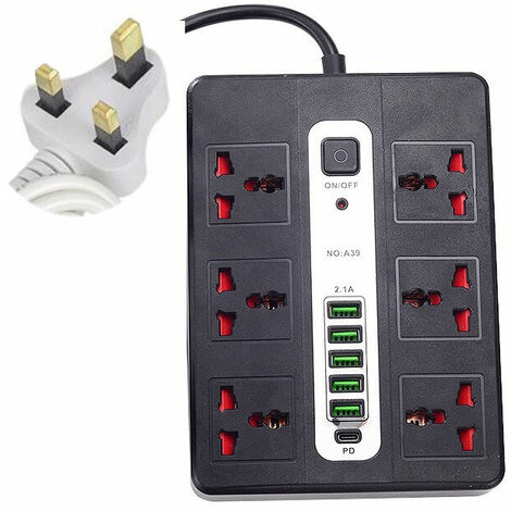 Extension Lead USB, Power Socket with 6 Outlet 5 USB Charging Station Power Strip Surge Protection with 2m Power Lead(black) (1/5)