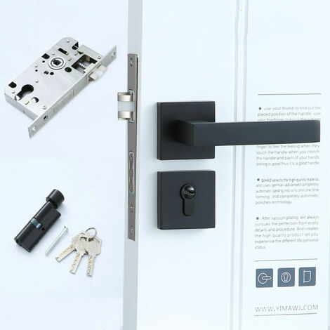 Square Rosette Door Handles Aluminum Stainless Steel Handle - Entrance Door, Bedroom, Office, Kitchen - Lock Plate - Door from 35 to 55 mm（Matte Black Silent）
