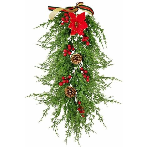 Christmas Decoration Artificial Cedar Hanging Vine Faux Pine Needles Garland with Red Berries Pine Cones Faux Silk Red Flowers Christmas Poinsettia Ivy Hanging Plants Home Wall Holiday Decoration (1/5)