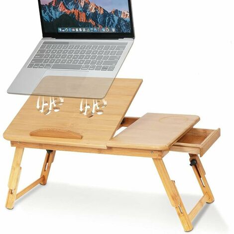 Bamboo Adjustable Laptop Tray, Portable Folding Laptop Table with Drawer and Cooling Holes, Sofa Bed, Work Lunch Tray (1/5)