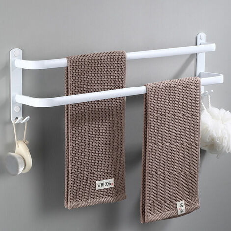 White Multilayer Wall Mounted Towel Holder with Hooks Aluminum Towel Holder for Bathroom Hotel Kitchen Modern Style -2 Layers 30cm