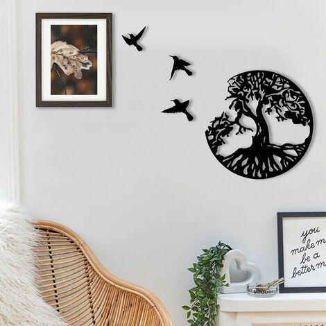 11" Black Metal Tree of Life Wall Art - 3 Flying Birds Wall Sculpture - Indoor and Outdoor Bedroom Decor, Modern Round Wall Decor (1/4)