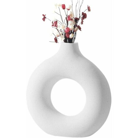 Modern Nordic Style Ceramic Vase Round Shape Donut Design Hollow Round Beige White Ceramic Vase Ceramic Flower Vase for Decorating Living Room Desktop Table (Small)