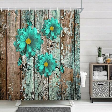 Rustic Teal Floral Shower Curtain, Modern Farmhouse Shower Curtain Set Turquoise Blue Flower Fabric Over Gray Wooden Curtains, Vintage Country Farmhouse Style Bathroom Decor Accessories, (72X72in) (1/4)