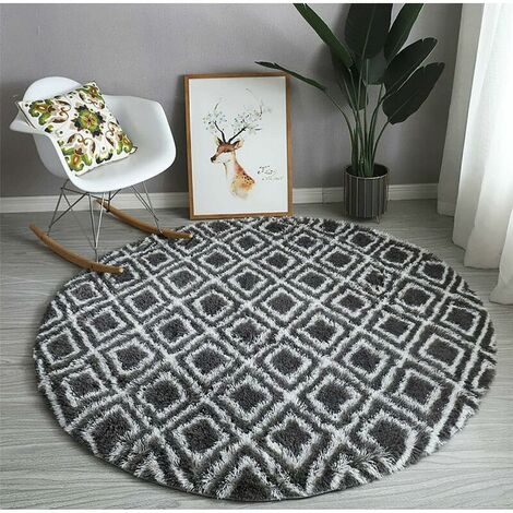 Soft Round Non-Slip Cozy Rug, Washable Soft Shaggy Rug, Decorative Rug for Bedroom, Living Room, Sofa and Chair Decoration, Diamond Lattice, Gray 100cm
