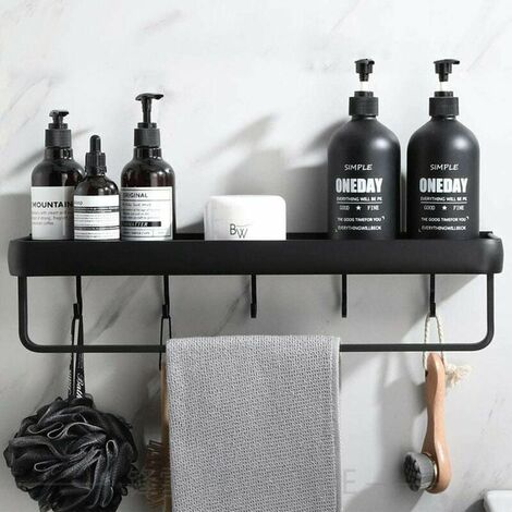 No Drilling Shower Shelf Bathroom Shelf with Aluminum Towel Rack Hook Storage Shelf for Shower and Kitchen 1 Piece Set Black (1/4)
