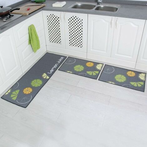 Set of 2 Non-Slip Kitchen Mats with Rubber Backing and Lemon Pattern Floor Mat (Gray 15x47 + 15x23)