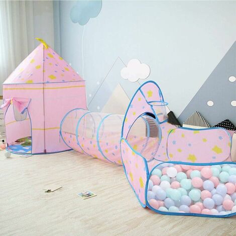 Kids Play Tent, 3 in 1 Castle Tent Exploration Tunnel and Indoor Playhouse for Toddler Boys Girls (Pink)