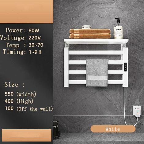 Wall Mounted Electric Towel Rail Heated Towel Rail 80W Low Consumption IP45 Electric Towel Rack with Timer Electric Towel Dryer Radiator Bathroom,White