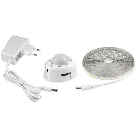 Motion Sensor LED Strip, Adhesive Flexible LED Strip, Waterproof IP65 with 12V Power Supply, Light Strip for Bedrooms, Living Rooms, Kitchens, Wardrobes and Decoration (5m, White)