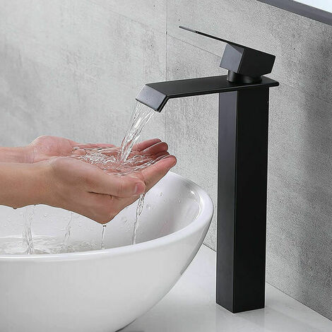 Black High Spout Waterfall Faucet Tall Single Hole Basin Faucet With Copper Single Lever Cooling Hot Water Faucet For Bathroom (1/5)