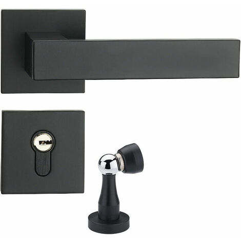 Flat black access door lever, modern square lock set handle, exterior door handle and deadbolt set (B) (1/4)