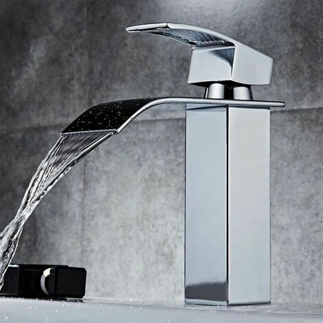 Modern Bathroom Square Waterfall Basin Sink Mixer Tap Chrome Brass Cloakroom, Basin Mixer Tap Chrome Small Square Sink Mono Waterfall Bathroom Hot&Cold Faucet (1/5)
