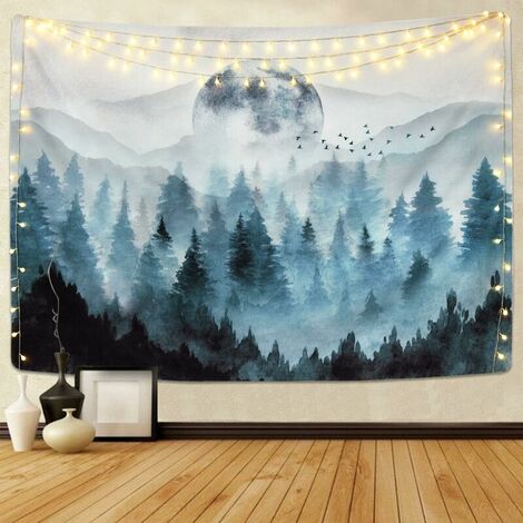 Psychedelic Landscapes Wall Tapestry - Forest in Fog - Infinite Mountains - Dark Blue - Sunshine - Wall Tapestry for Bedroom - 210 x 150 cm