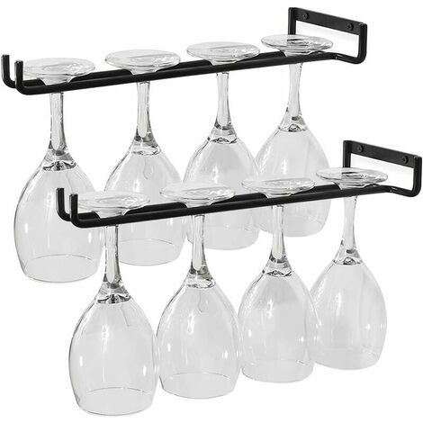 Wine Glass Holder, 2 PCS Wine Glass Holder Glass Holder with Screws, Hanging Durable Metal Wine Glass Holder Fits 4 Glasses for Kitchen, Bar, Restaurant, Black