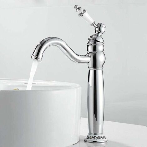 Vintage Style Brass Tall Basin Faucet Single Handle Mixer Tap Antique Bathroom Faucet Single Handle Mixer Tap with Floral Pattern Hot & Cold Hoses Available (Silver) (1/5)
