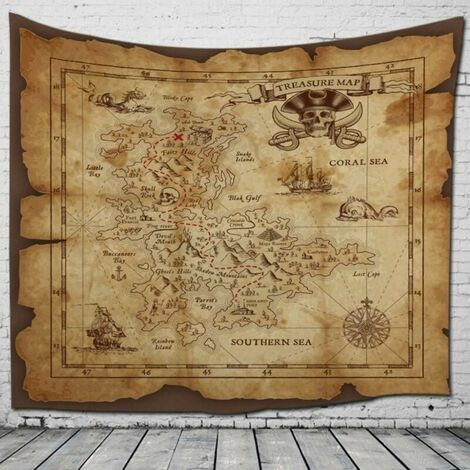 Vintage Pirate Map Wall Tapestry 3 D Printed Fabric,Indian Bohemian Hippie Trippy Large Large Modern Homes Wall Decor For Man Living Room Bedroom Office,150X200 Cm (1/3)