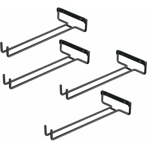 4 Glass Shelf Hangers, Iron Glass Holder, Holds 4 Glasses, Wall Mounted Wine Glass Display Stand, Inverted Glass Holder for Wine Cabinets, Bars, Kitchens (Black)