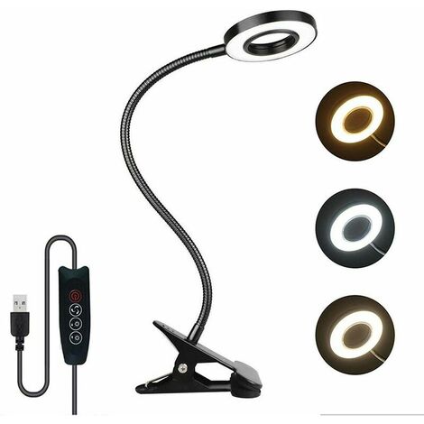 7W USB clip desk lamp, 3 colors and 10 brightness adjustable, 48 LED 360 ° flexible, bed clip lamp, reading lamp, book reading lamp, dimmable USB clip bedside lamp (black) (1/5)