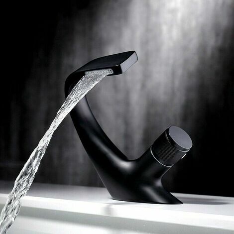 Bathroom Basin Mixer Tap with Waterfall, Basin Faucet Tap, Modern Sleek Brass Mixer Tap for Bathroom (Black, 18 x 13cm) (1/4)