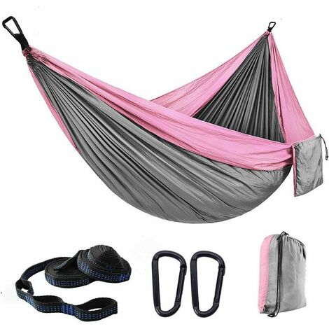 Portable Hammock Outdoor Indoor Single or Double Hammock Camping Accessories with Tree Straps - Pink + Gray (1/5)