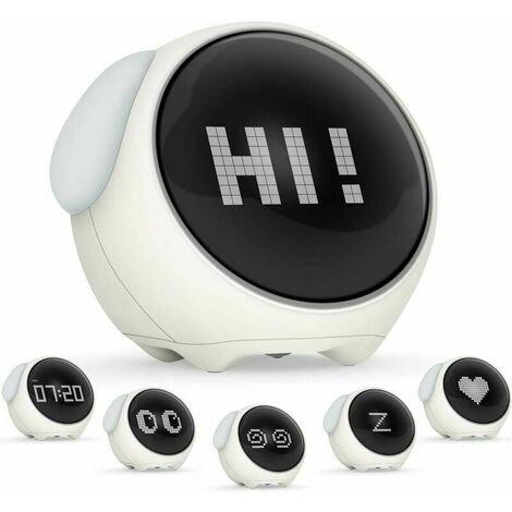 FlkwoH Kids Alarm Clock, Rechargeable Digital Alarm Clock, Cute Kids Emoji Alarm Clock, Kids Clock with Voice Control Night Light, Bring 2 Alarm Clocks, 5 Voices, Snooze Function, Date, Temperature, V