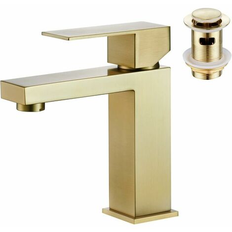 Bathroom Sink Faucet, Single Handle Square Bathroom Sink Faucet with Waste Trim, Stainless Steel Gold (1/5)