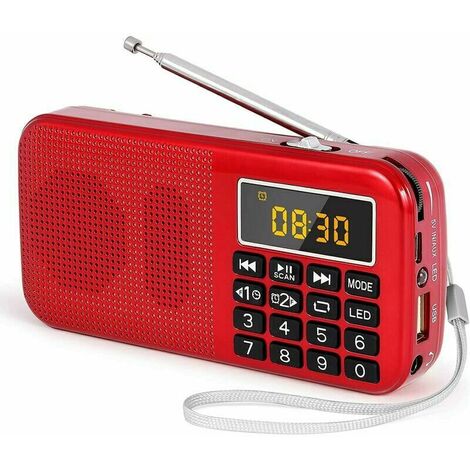 Portable Radio, FM Radio with Large Capacity Rechargeable Battery (3000mAh), Support MP3 / SD / USB / AUX, Red (1/5)
