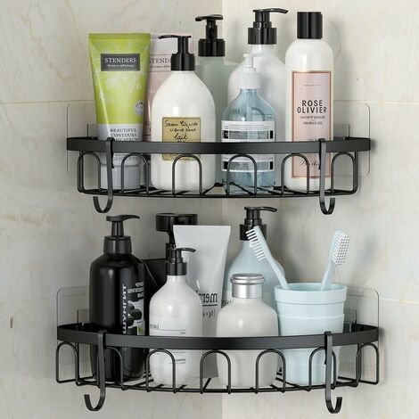 No Drilling Corner Shower SUS304 Stainless Steel Shower Shelf No Drilling Bathroom Shelves, Black, with 4 Hooks (1/5)