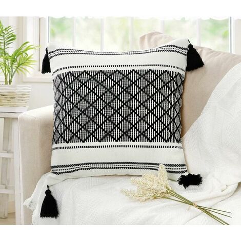 45x45 Rectangle Cushion Cover with Pendant Natural Cotton Hand Woven Pillow Cases for Sofa Bedroom Living Room Farmhouse Decor (Black) (1/5)