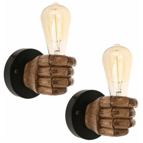 Set of 2 Vintage Industrial Wall Light Wooden Fist Lamp E27 for Bedroom Washbasin Corridor Restaurant - Right Hand - Brown PAGNE (1/5)