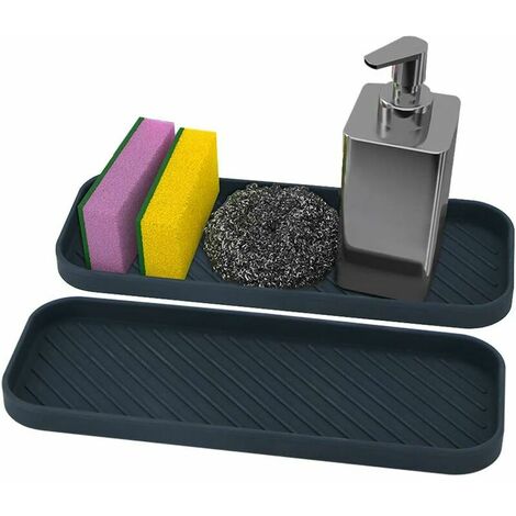 Silicone Sponge Holder Set of 2 Silicone Sink Organizer Non-Slip Soap Holder Kitchen Organization Tray for Soaps, Sponges, Brushes (Black) (1/5)