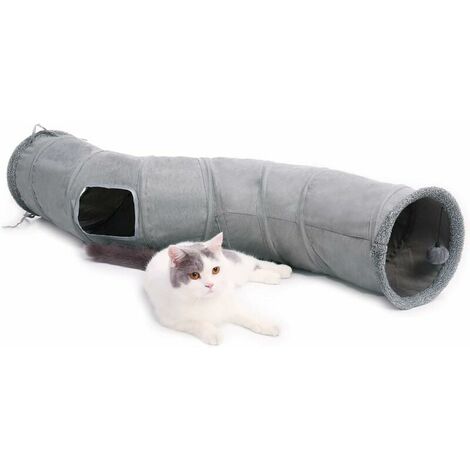 S Shape Suede Cat Tunnel Toy, Large Collapsible Cat Tunnel with 2 Holes and Hanging Ball for Cats Kittens Rabbits Dia27×117cm