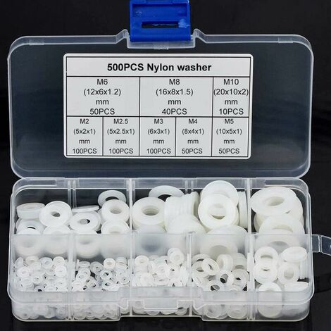 500 Pack Nylon Washer, Plastic Nylon Flat Washers M2 M2.5 M3 M4 M5 M6 M8 M10, Spacer Assortment White Nylon Washer Kit with Box for Plumbing, Screws, Bolts (1/5)