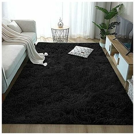 Shaggy Rug, Soft Surface Cozy Non-Slip Square Modern Style Home Decor Rug for Living Room Bedroom Kids Room Living Room, Black, 60x90cm (1/5)